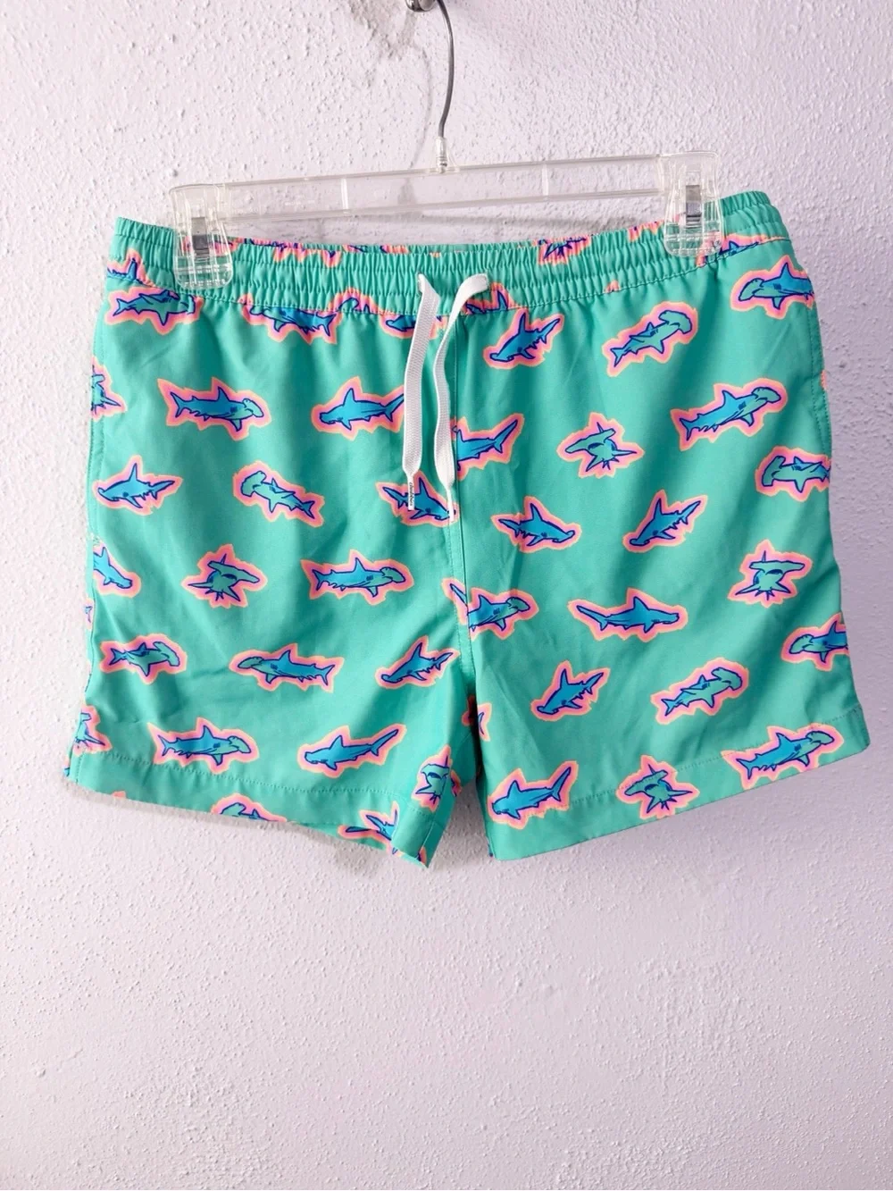 chubbies Kids Aqua Shark Print Swim Trunks - Teal & Pink 14/16